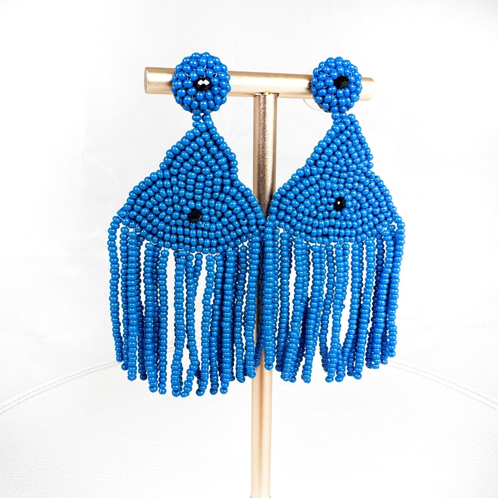 Blue Seed Bead Fringe Earrings Southwestern Style Black Gem Leather 3"